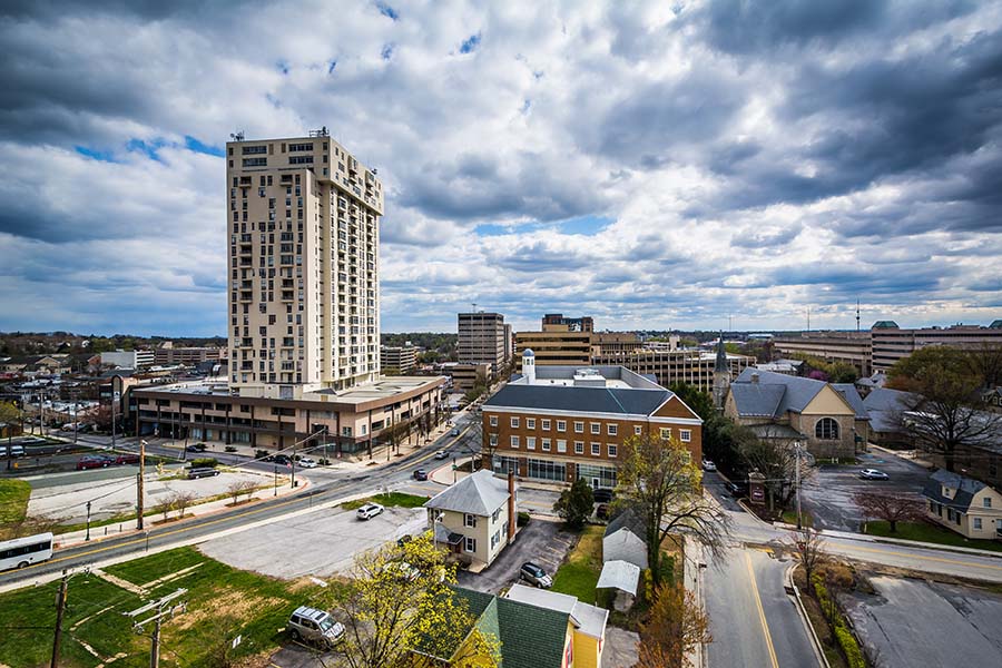 Towson MD - View of Downtown Towson Maryland on Cloudy Day